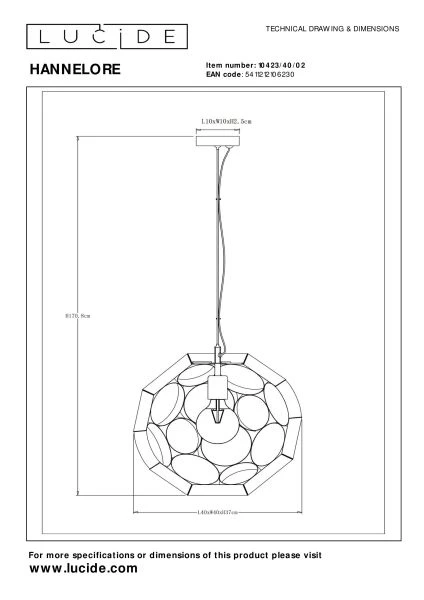 Lucide HANNELORE - Suspension - Ø 40 cm - 1xE27 - Or Mat / Laiton - technique